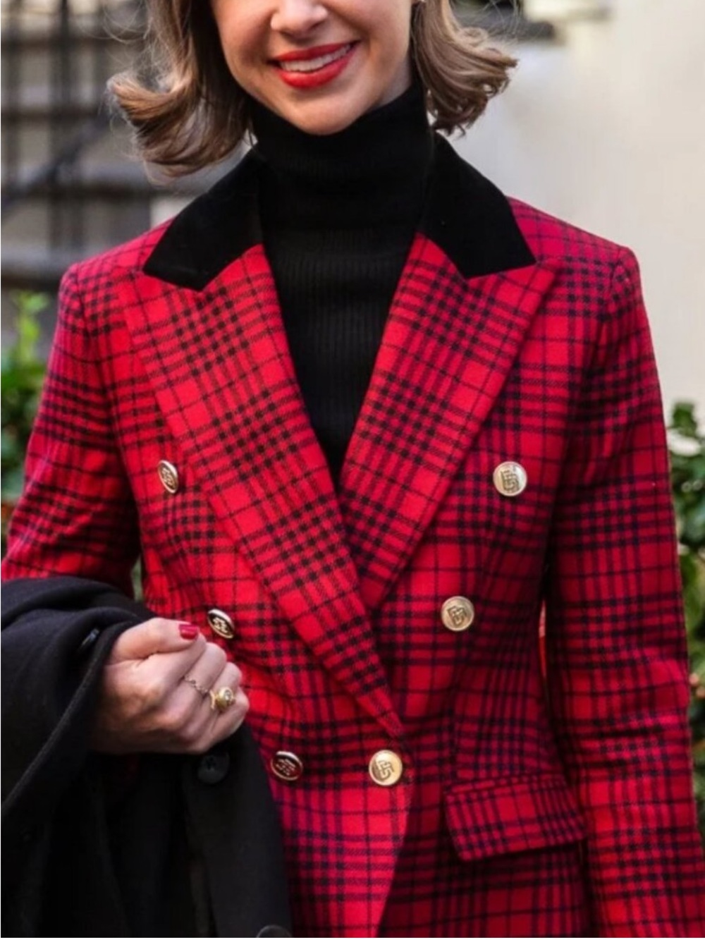 Banana Republic Captain Blazer Red Black Plaid Double-Breasted Wool Fall Jacket